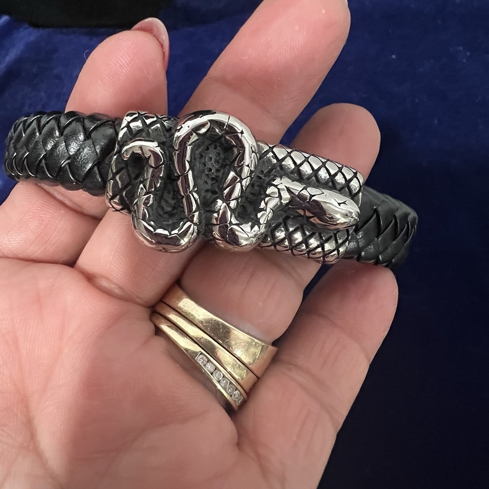 Stainless Steel Snake ID Plate Leather Bracelets for Men Bangle Type Bracelets M